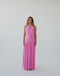 Warm Pink Halter Dress with Dropped Asymmetrical Waistline