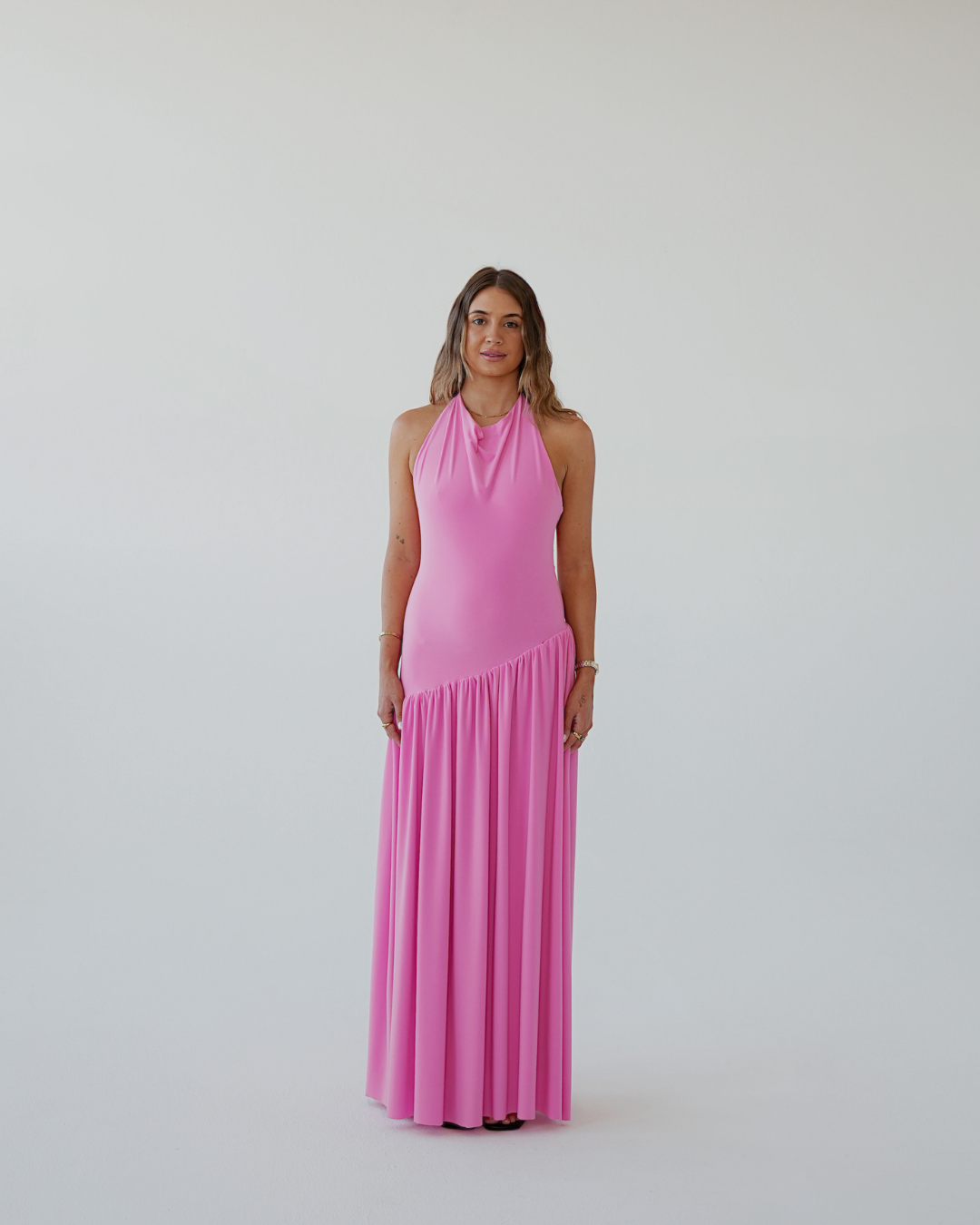 Warm Pink Halter Dress with Dropped Asymmetrical Waistline