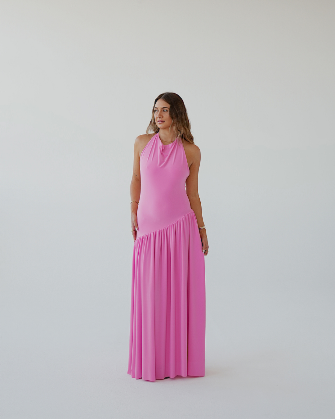 Warm Pink Halter Dress with Dropped Asymmetrical Waistline