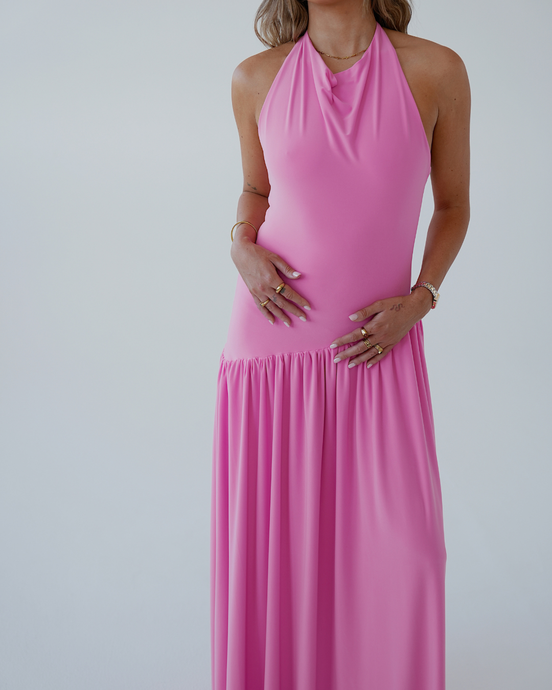 Warm Pink Halter Dress with Dropped Asymmetrical Waistline