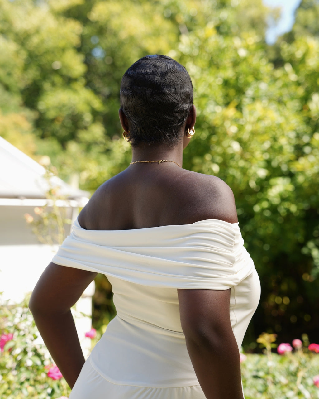 L | Cream Off-Shoulder Drop Waist Dress