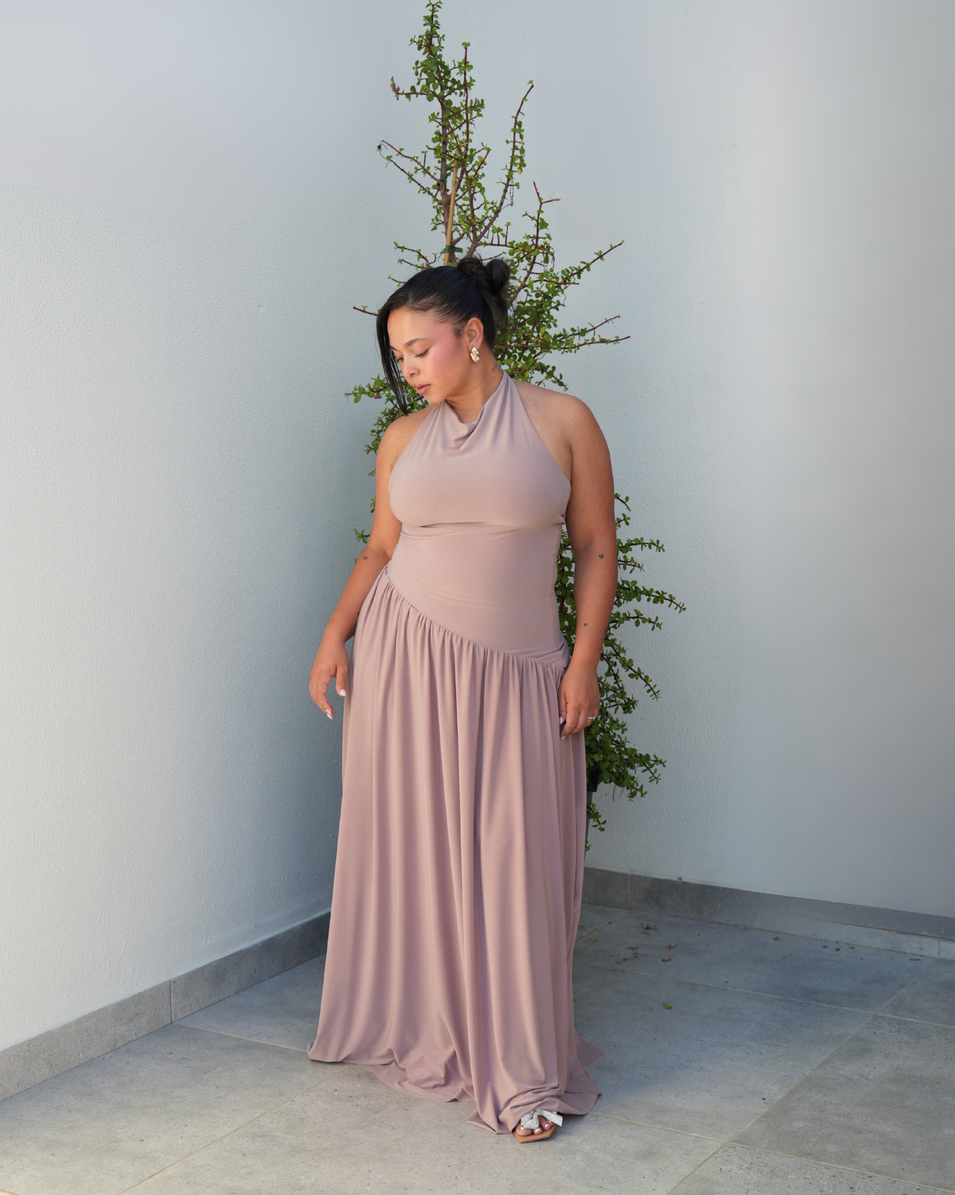 Mocha Halter Dress with Dropped Asymmetrical Waistline