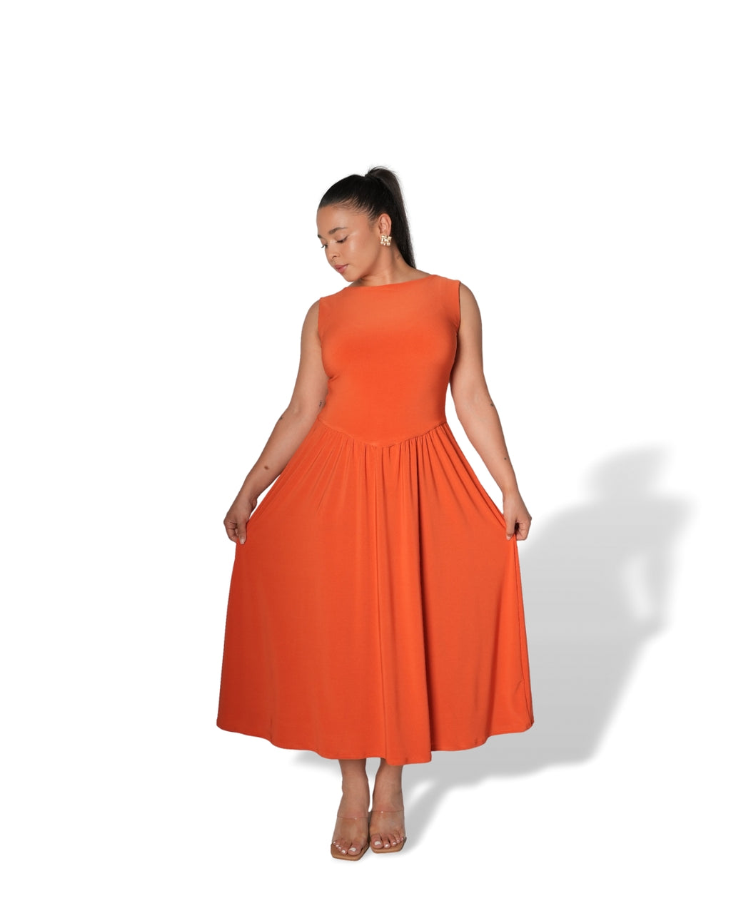 Orange Boat Neck Drop Waist Midi Dress
