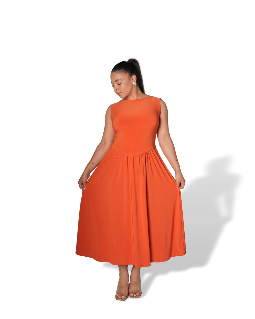 Orange Boat Neck Drop Waist Midi Dress