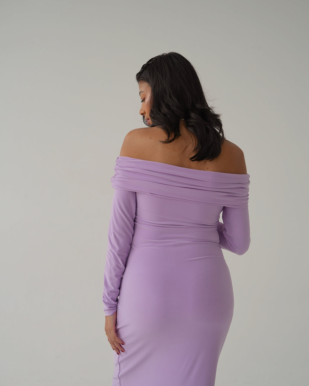Lilac Bardot Sculpted Dress with Long Sleeves