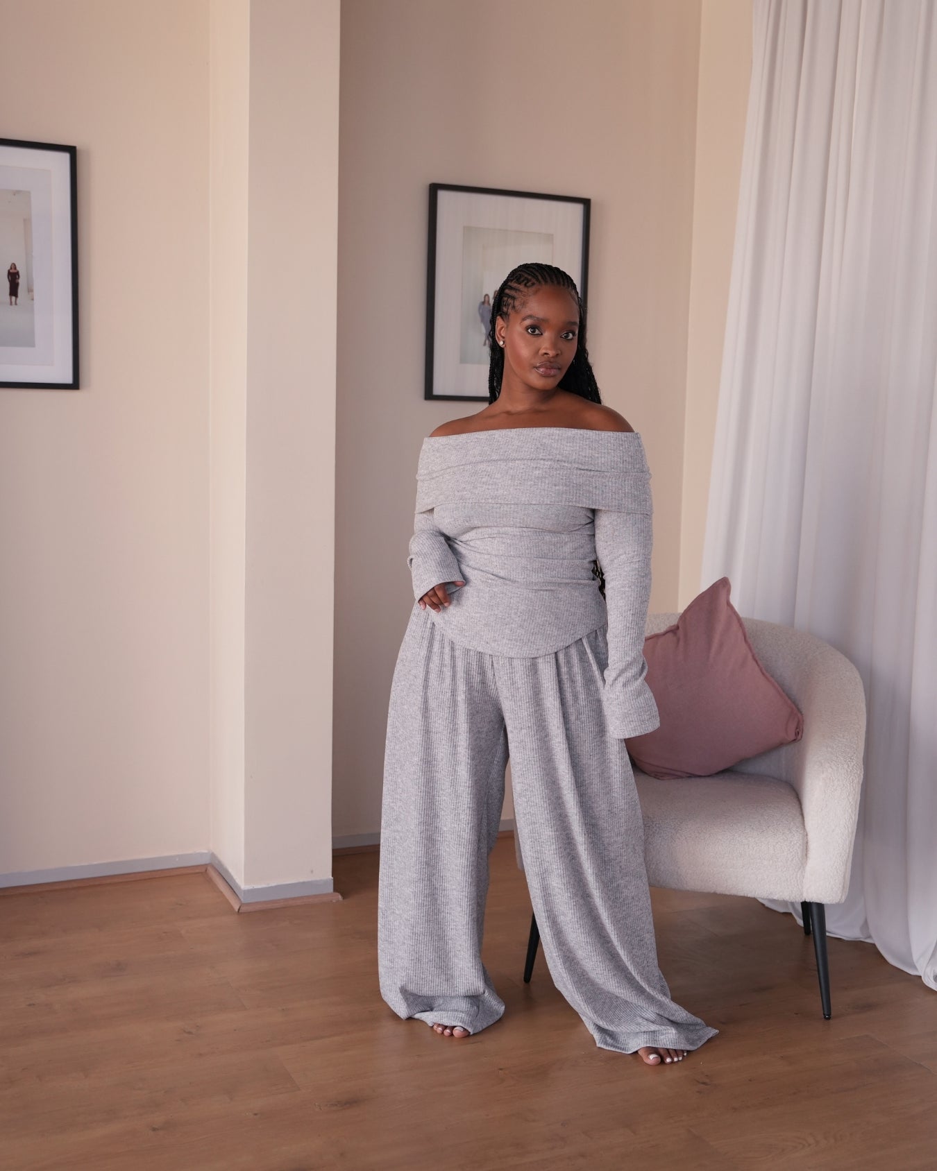 Grey Knit Off-Shoulder Top