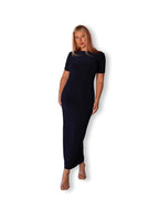 Navy Blue Crew-Neck Sculpted Dress with Short Sleeves