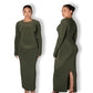 Khaki Crew-Neck Sculpted Dress with Long Sleeves