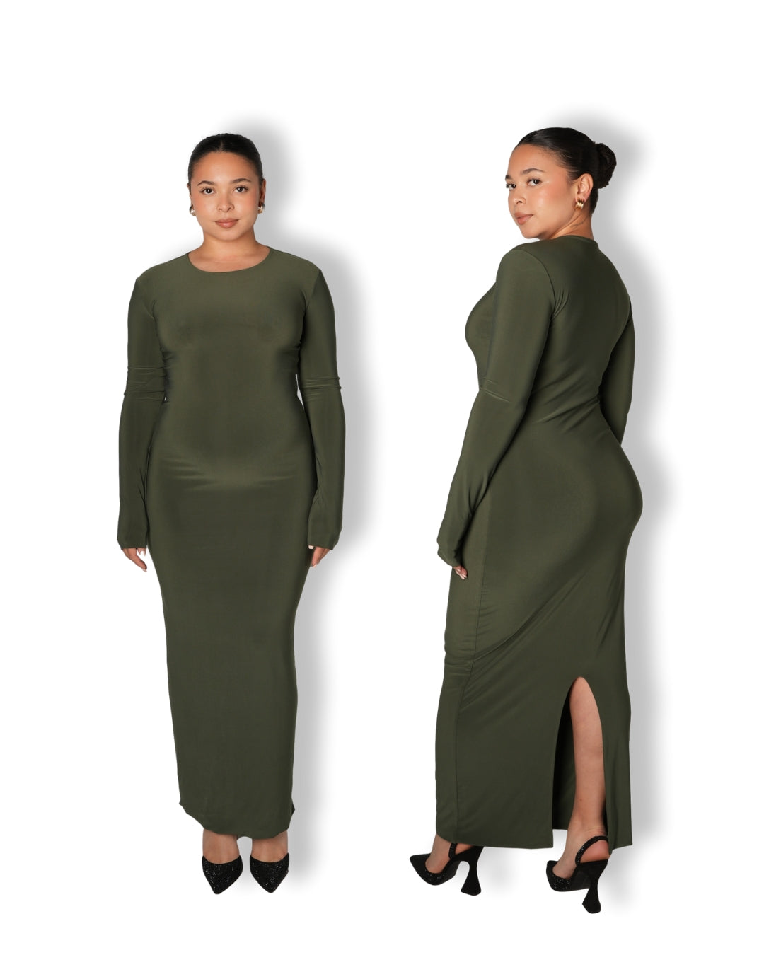 Khaki Crew-Neck Sculpted Dress with Long Sleeves