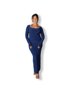 Navy Blue Long-sleeved Sculpted Dress