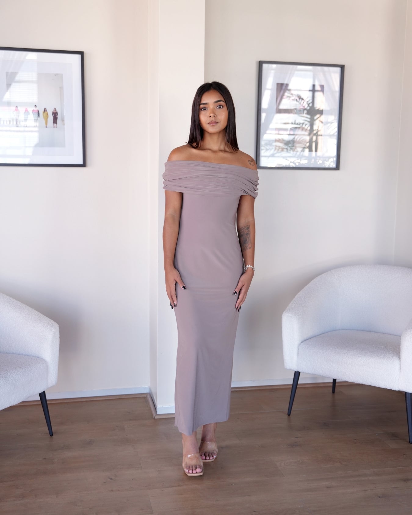 Mocha Off-shoulder Bardot Sculpted Dress