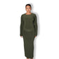 Khaki Crew-Neck Sculpted Dress with Long Sleeves