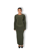 Khaki Crew-Neck Sculpted Dress with Long Sleeves