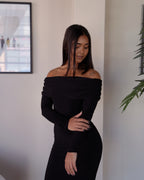 Black Bardot Sculpted Dress with Long Sleeves