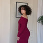 L | Maroon Bardot Sculpted Dress with Long Sleeves