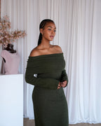Military Green Knit Off-Shoulder Dress