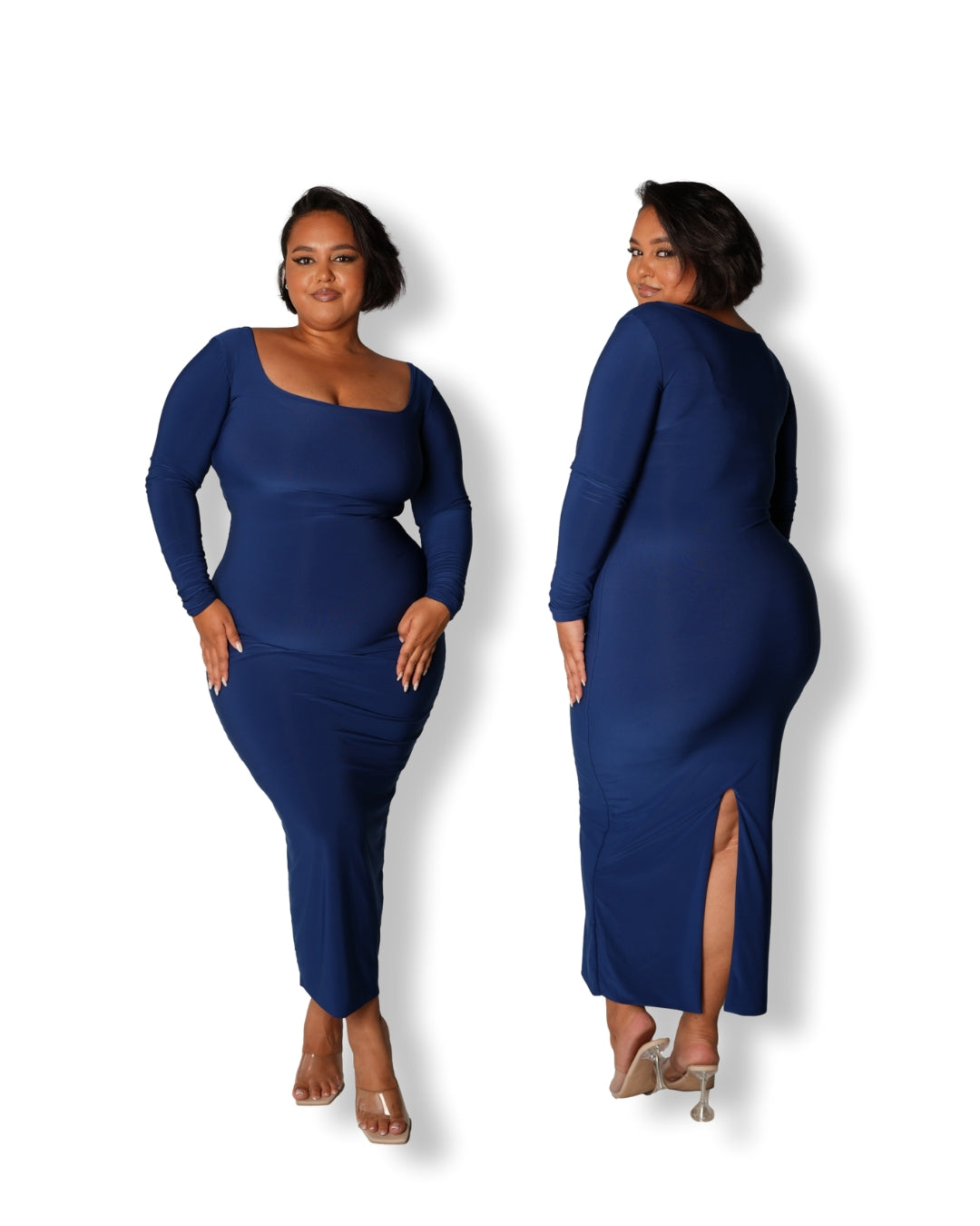 Navy Blue Long-sleeved Sculpted Dress