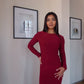 Maroon Crew-Neck Sculpted Dress with Long Sleeves