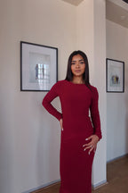 Maroon Crew-Neck Sculpted Dress with Long Sleeves