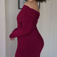 L | Maroon Bardot Sculpted Dress with Long Sleeves