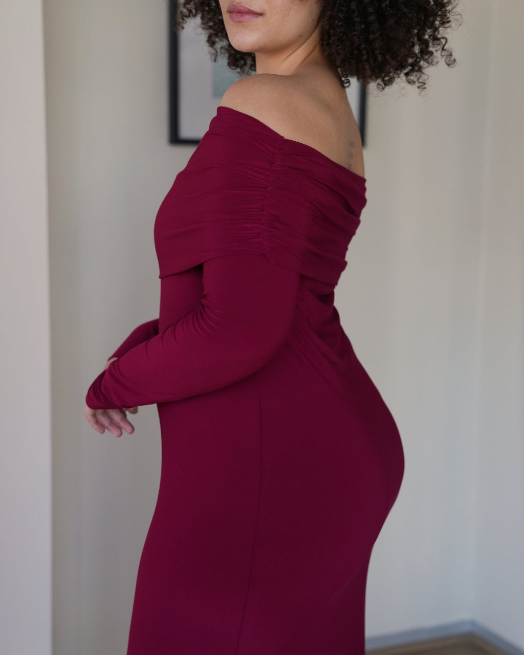 L | Maroon Bardot Sculpted Dress with Long Sleeves