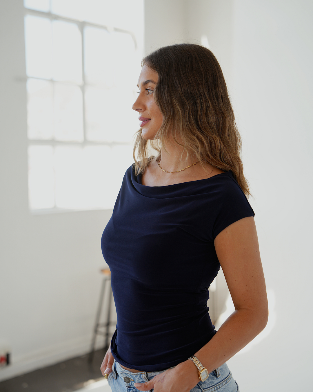 Navy Blue Cowl Neck Top