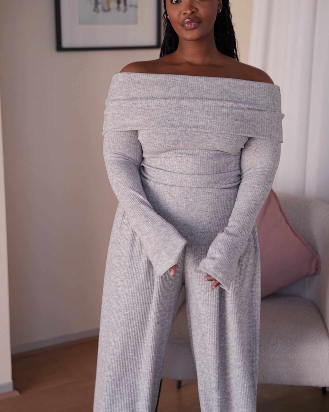 Grey Knit Off-Shoulder Top