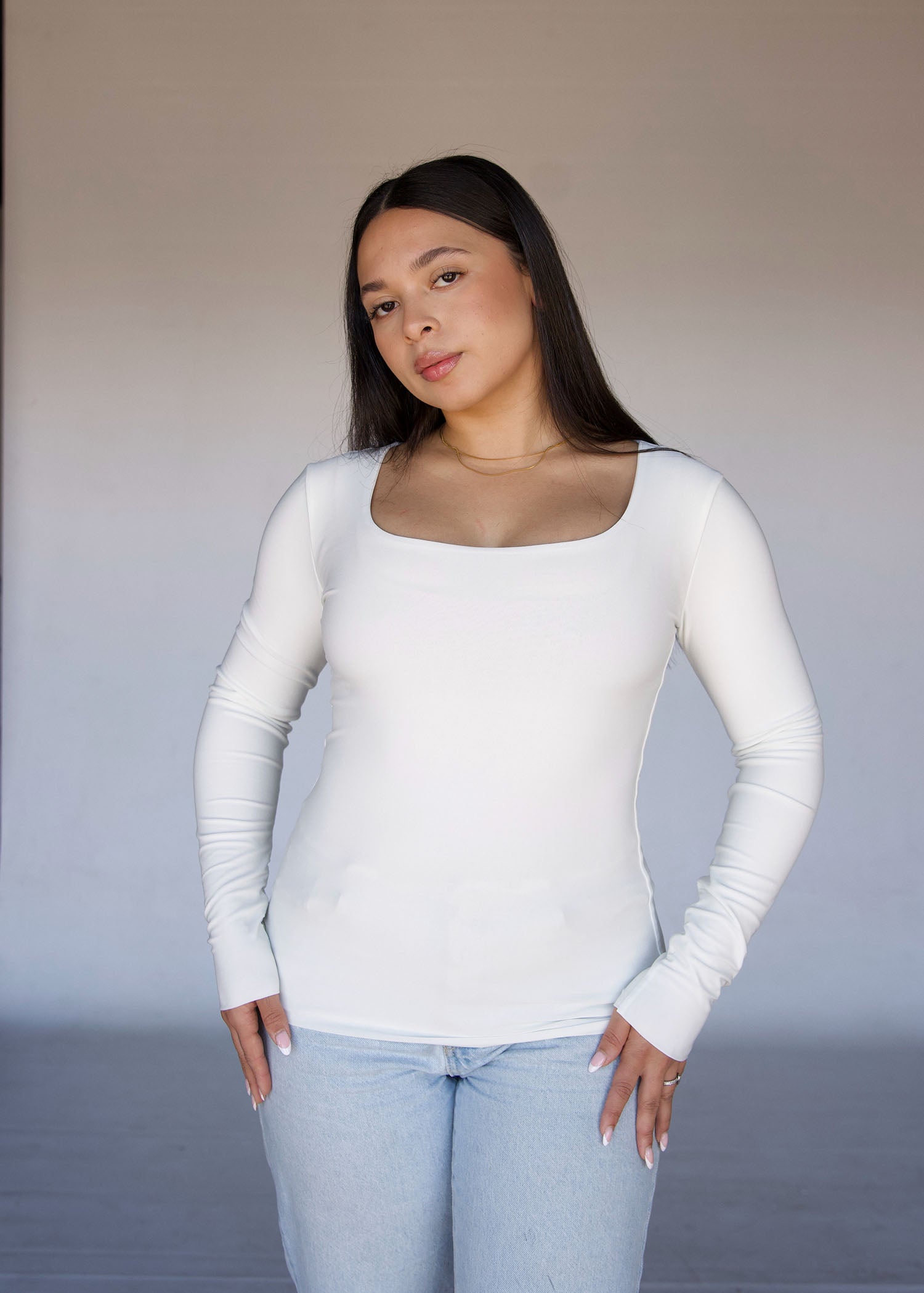 XL | Cream Square Neck Long Sleeved Top