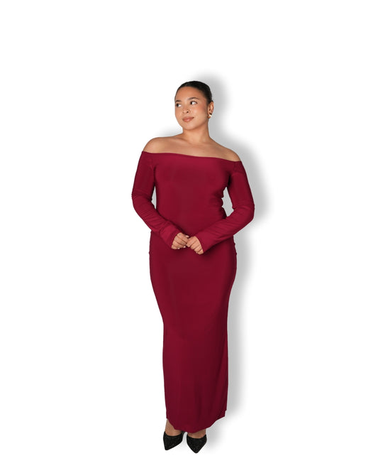 Maroon Smooth Off-shoulder Sculpted Dress