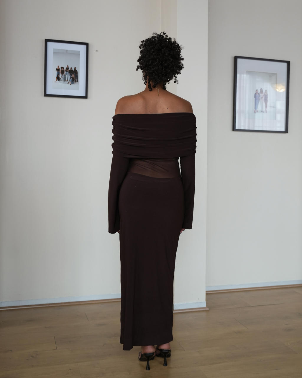 Chocolate Brown Mesh Off-Shoulder Dress with Long Sleeves