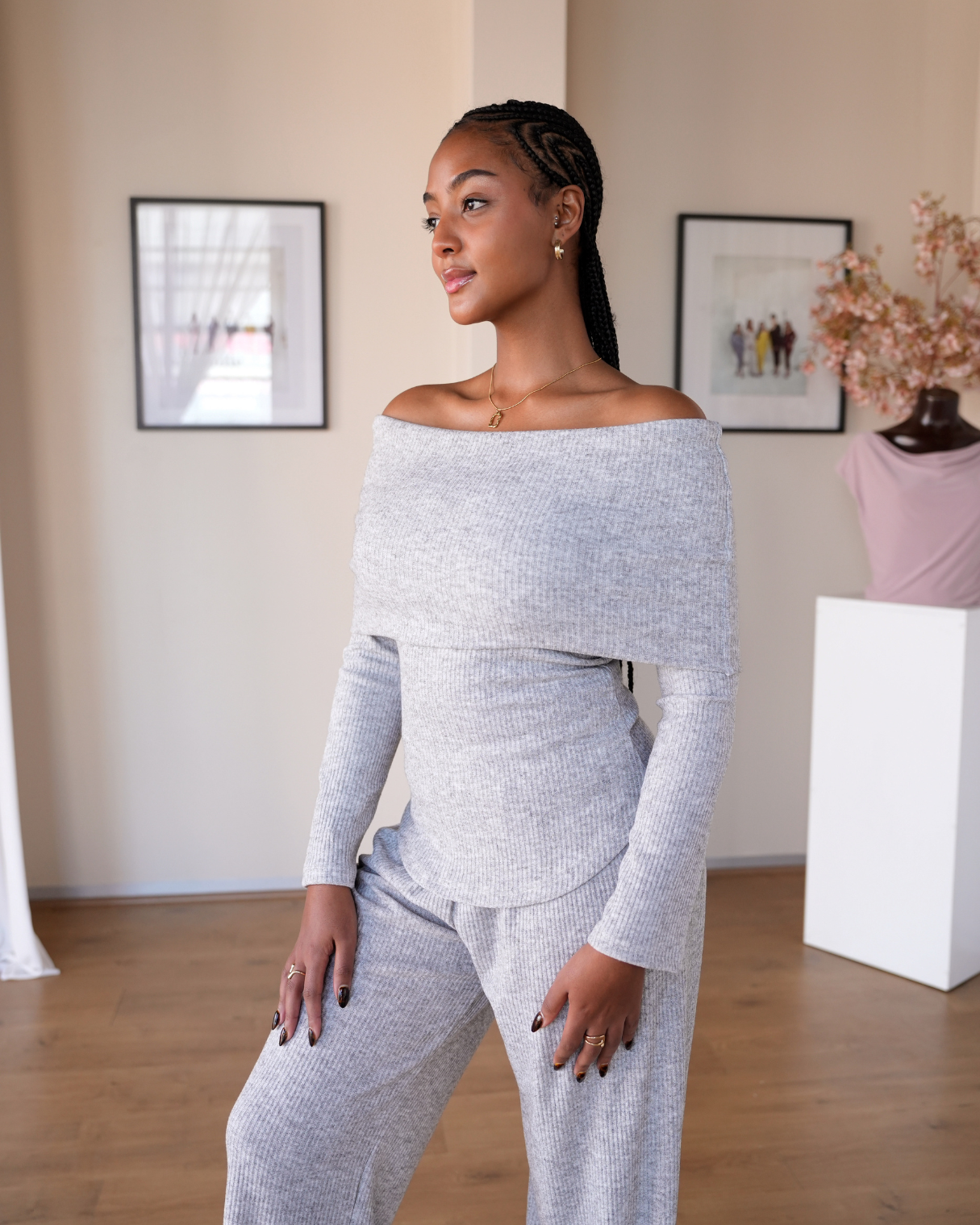 Grey Knit Off-Shoulder Top