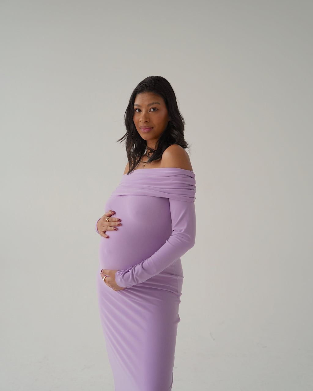 Lilac Bardot Sculpted Dress with Long Sleeves