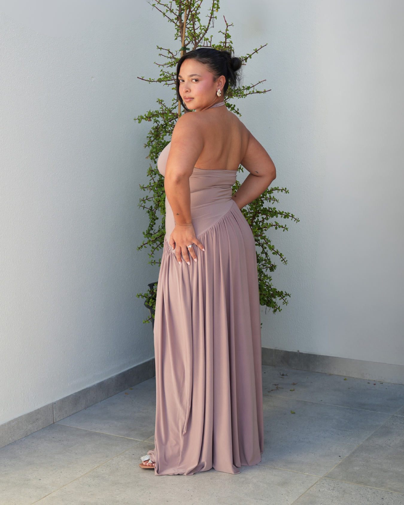 Mocha Halter Dress with Dropped Asymmetrical Waistline