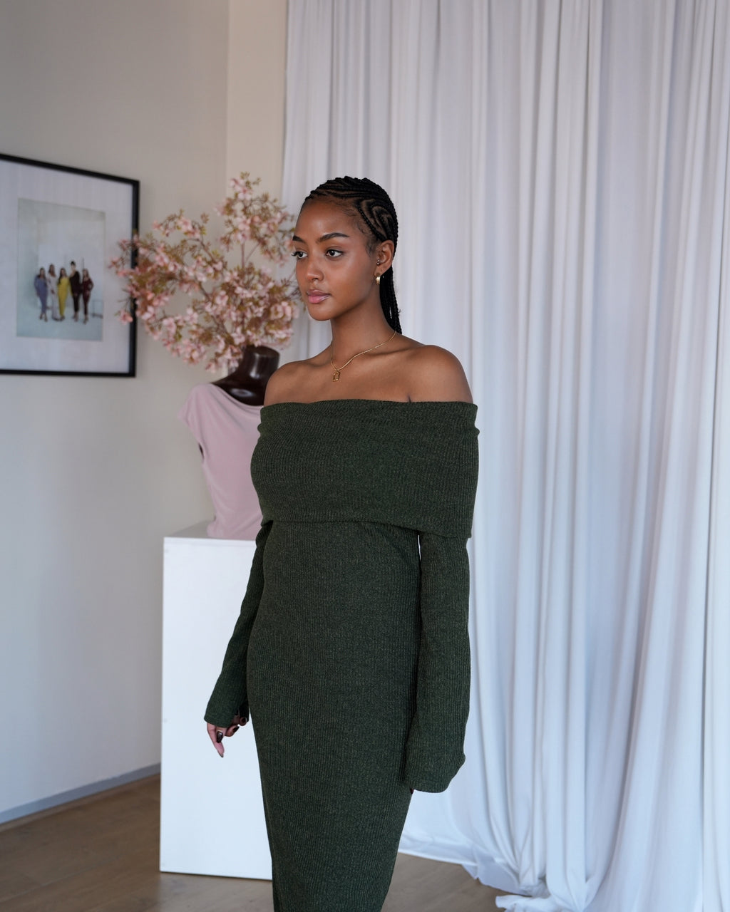 Military Green Knit Off-Shoulder Dress