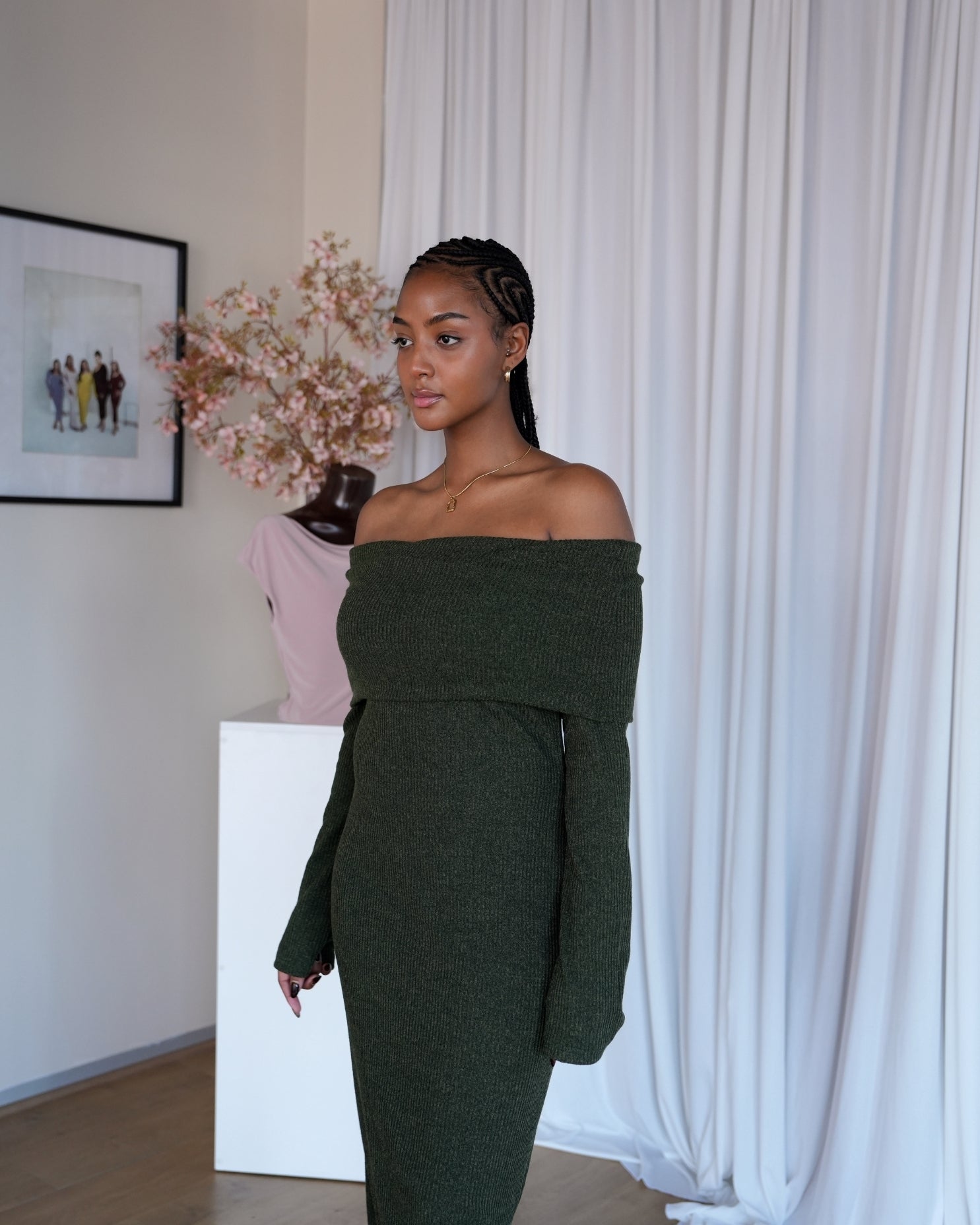 Military Green Knit Off-Shoulder Dress