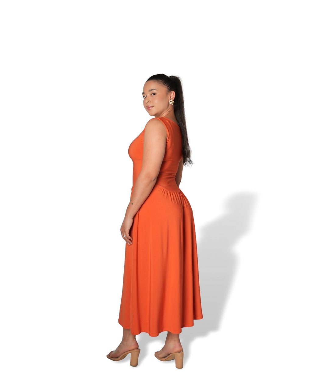 Orange Boat Neck Drop Waist Midi Dress