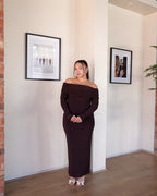 Chocolate Brown Bardot Sculpted Dress with Long Sleeves