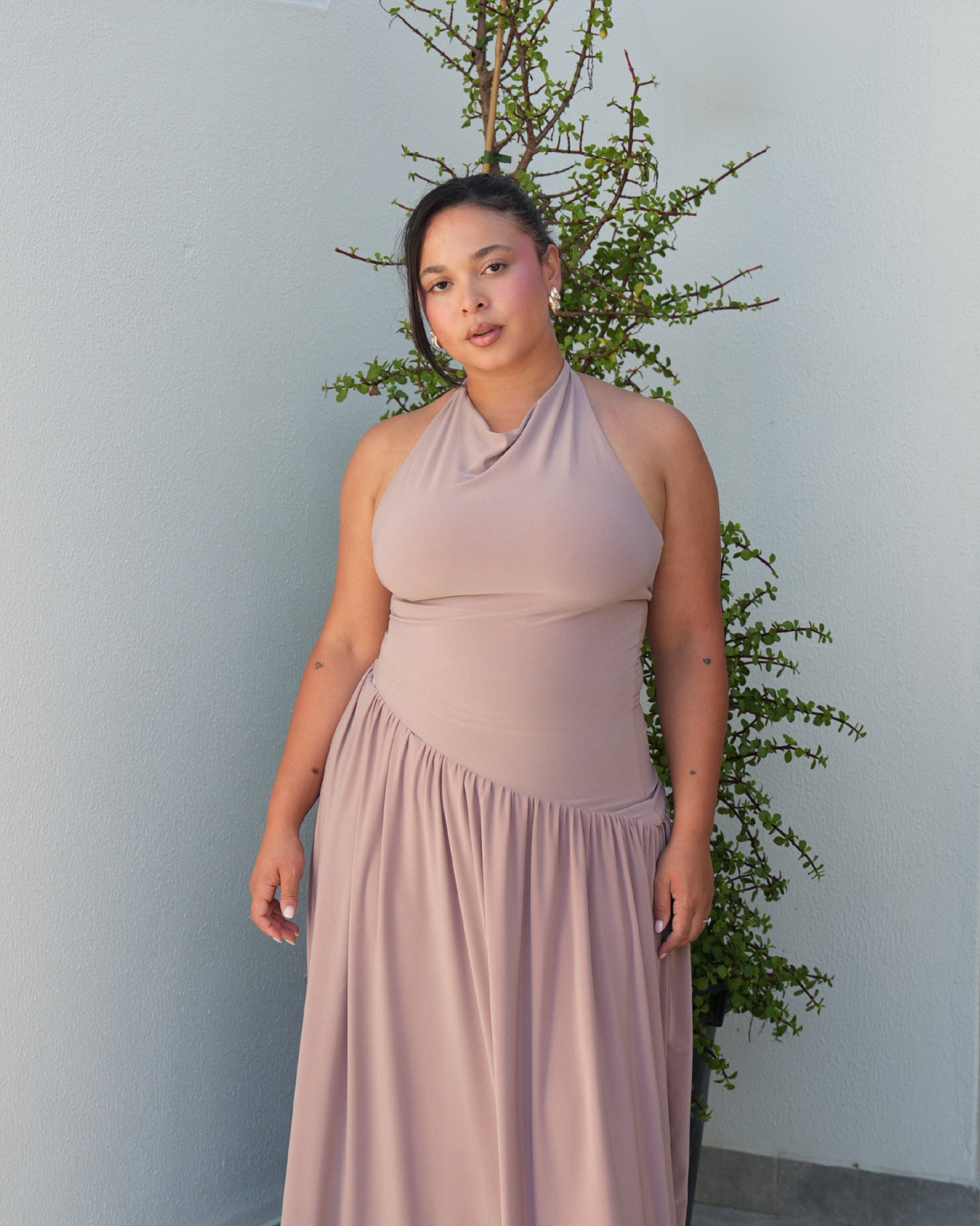Mocha Halter Dress with Dropped Asymmetrical Waistline