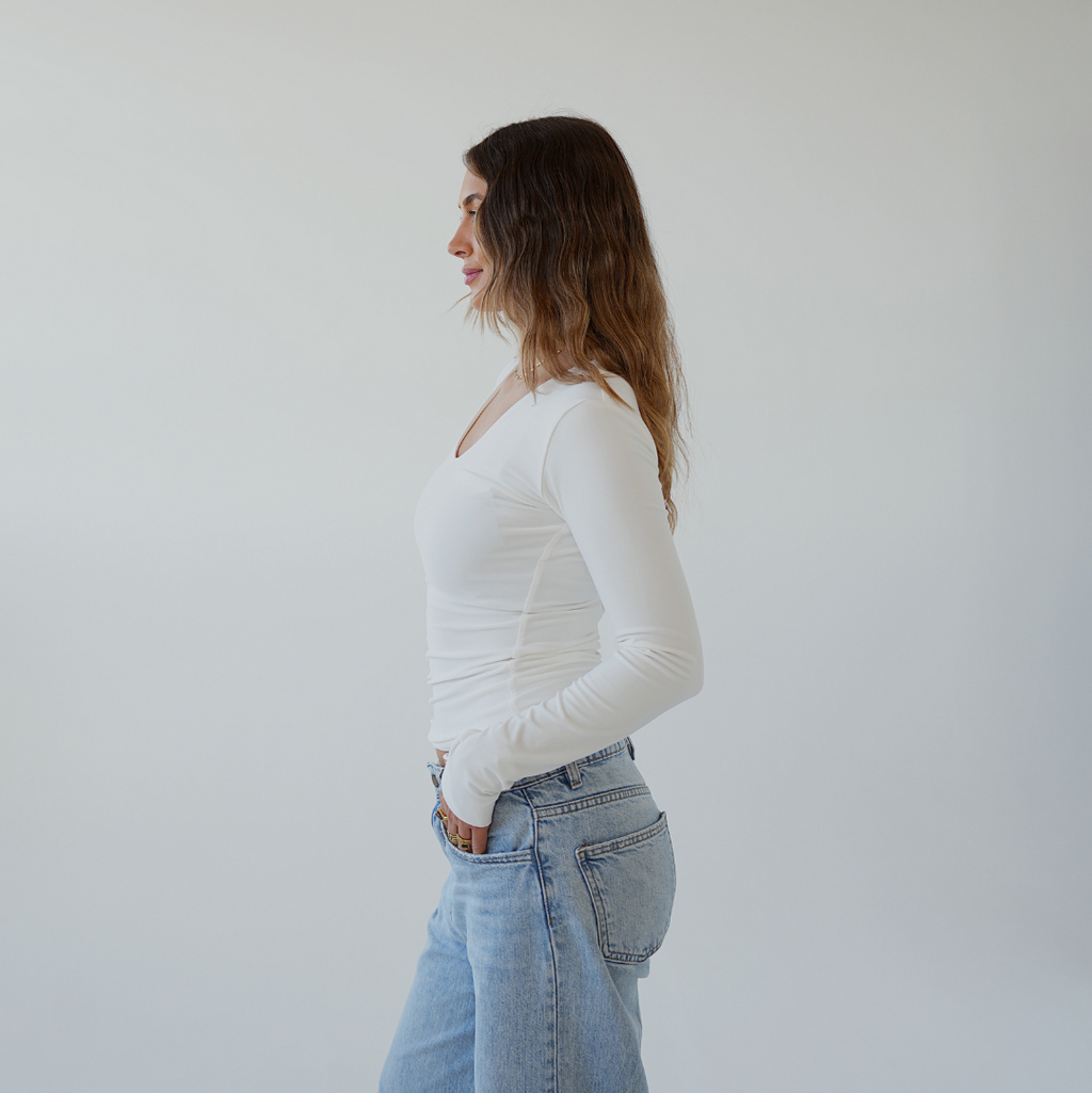 Cream V-Neck Long Sleeved Top