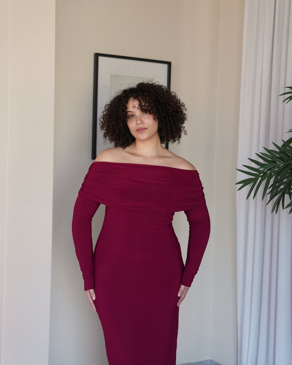 L | Maroon Bardot Sculpted Dress with Long Sleeves