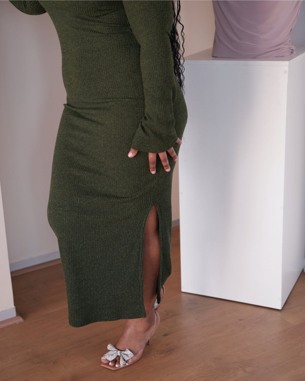 Military Green Knit Off-Shoulder Dress