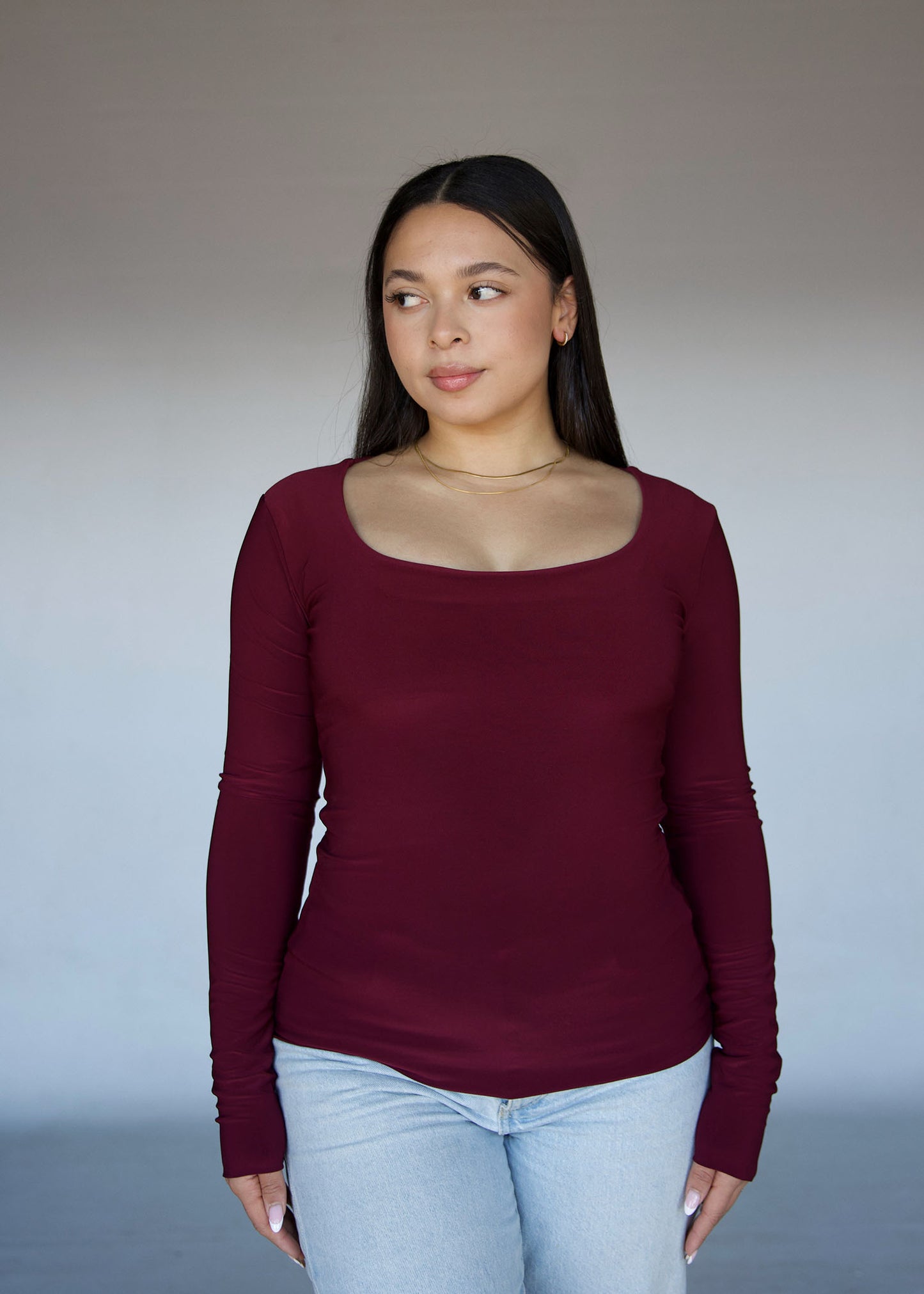 Maroon Square Neck Long Sleeved Top
