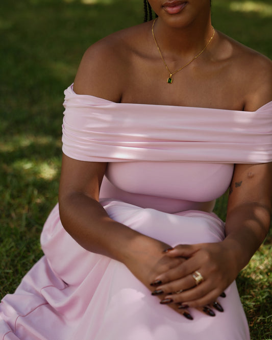 S | Baby Pink Off-Shoulder Drop Waist Dress