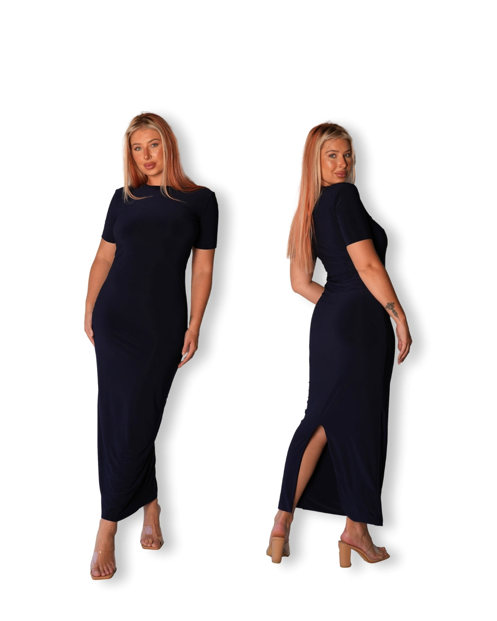 Navy Blue Crew-Neck Sculpted Dress with Short Sleeves