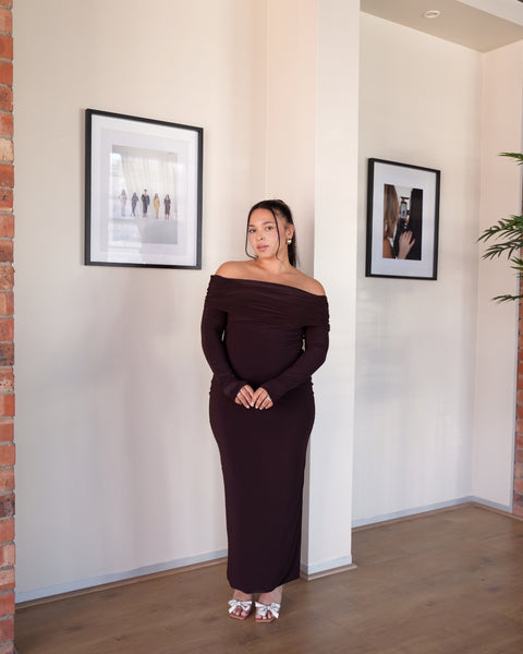 bardot brown long sleeve dress Long Sleeve Draped Bardot Lace Maxi Dress Brown