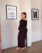 Chocolate Brown Bardot Sculpted Dress with Long Sleeves