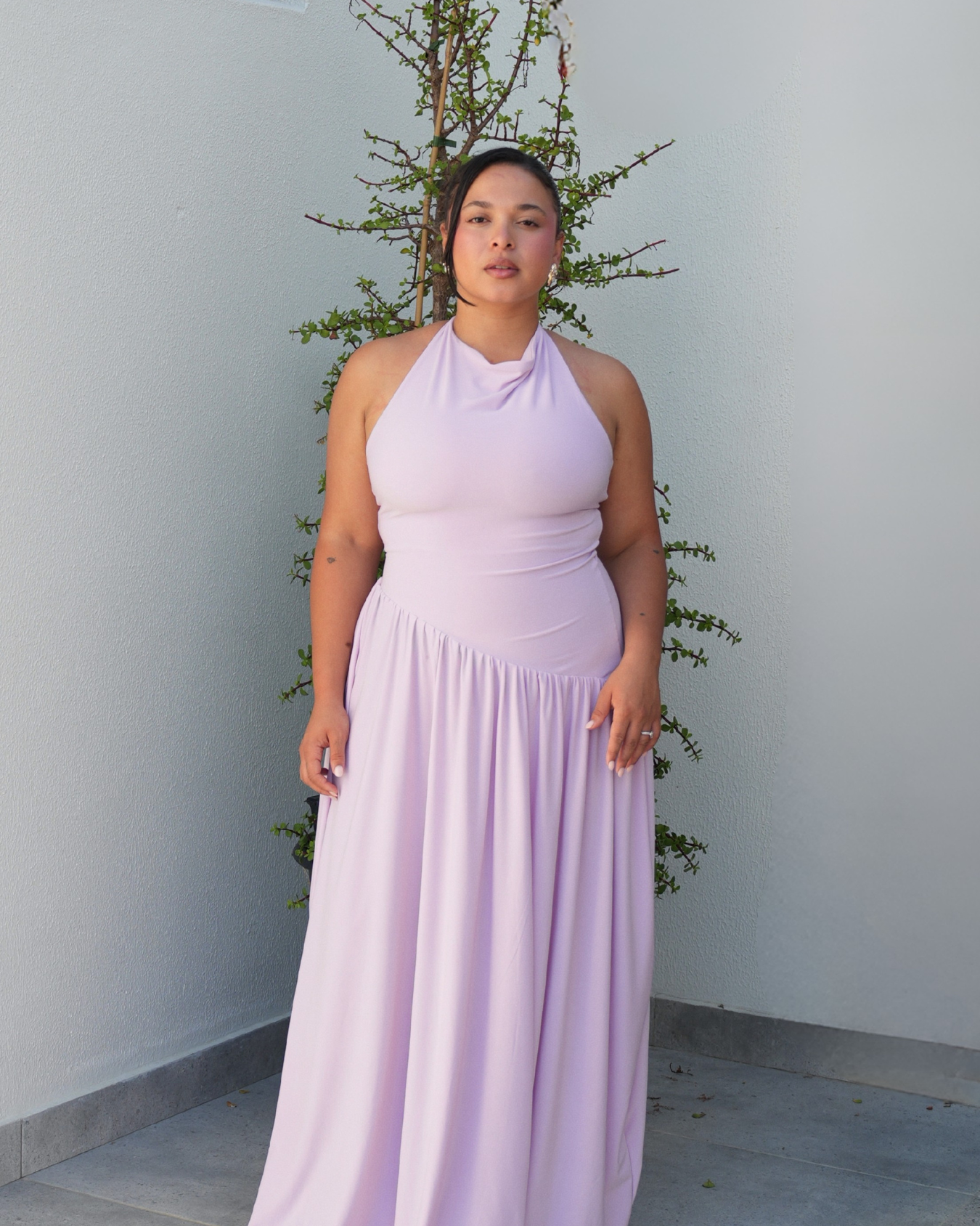 Light Lilac Halter Dress with Dropped Asymmetrical Waistline