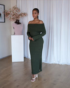 Military Green Knit Off-Shoulder Dress