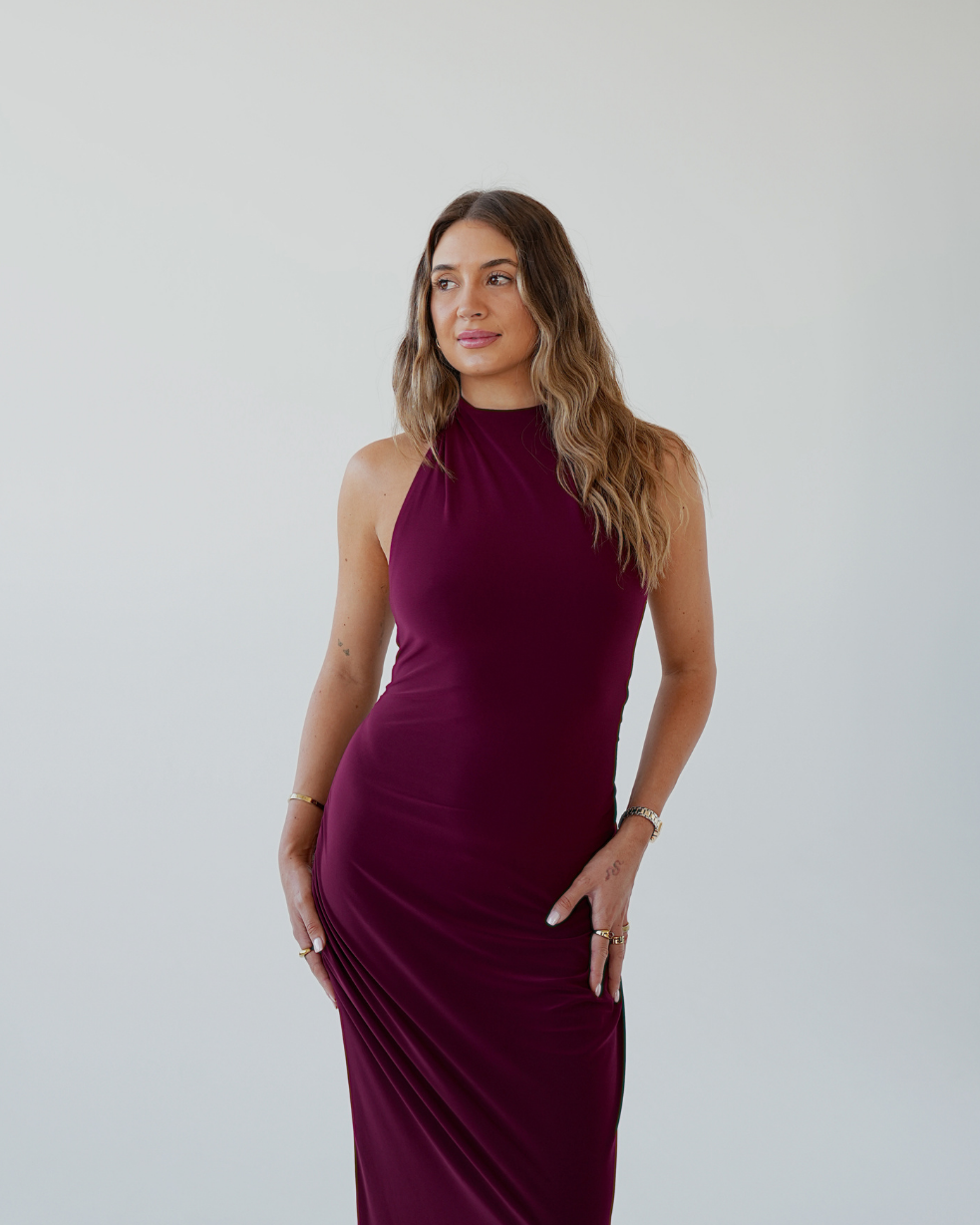 Dark Maroon Smooth High Neck Dress