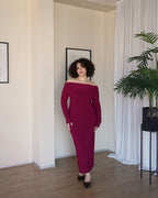L | Maroon Bardot Sculpted Dress with Long Sleeves